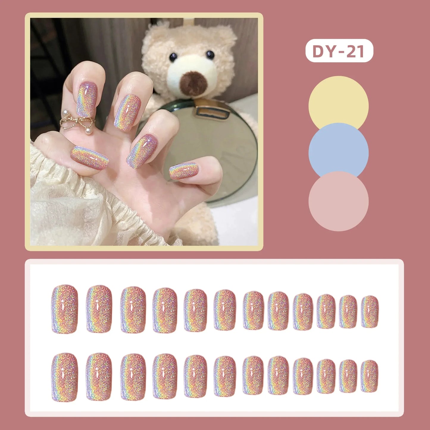 24Pcs Short Square Head False Nails Wearable Cat eye Glitter Sequins Diamond Fake Nails Full Cover Nail Tips Press On Nails