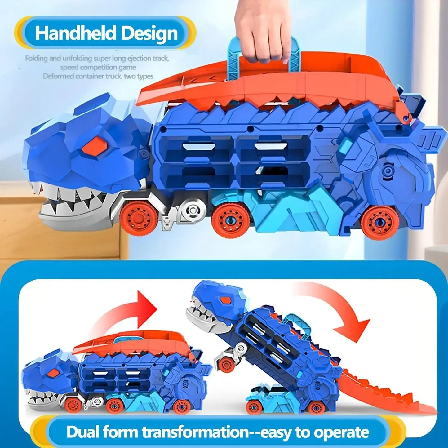 Transport Dinosaur Truck with Foldable Sliding Race Track Transforms into Standing T-rex Best DIY Birthday Gifts Toys Boys Girls