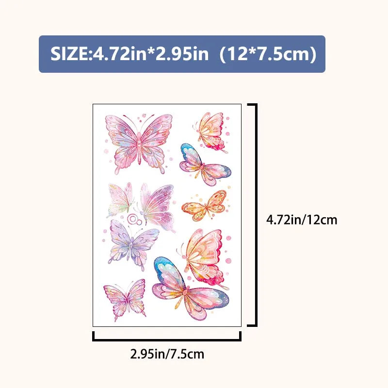 6pcs Glitter Gradient Dreamy Butterfly Waterproof Temporary Tattoo, Long-Lasting Waterproof, Realistic Fake Tattoo