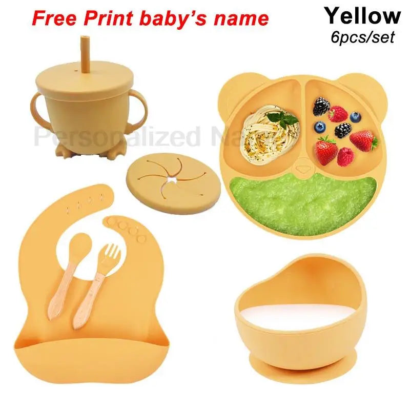 Baby Feeding Plate Sets Suction Bowl Silicone Plate For Kids 6Pcs Children Tableware Personalized Name Dinner Dishes Cups Spoon