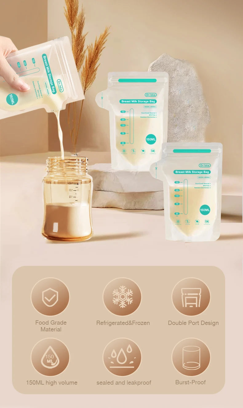 Dr.isla 100Pcs 150ML Breast Milk Storage Bag Disposable Small Capacity Frozen Milk Storage Bag BPA Free Safe Feeding Bags