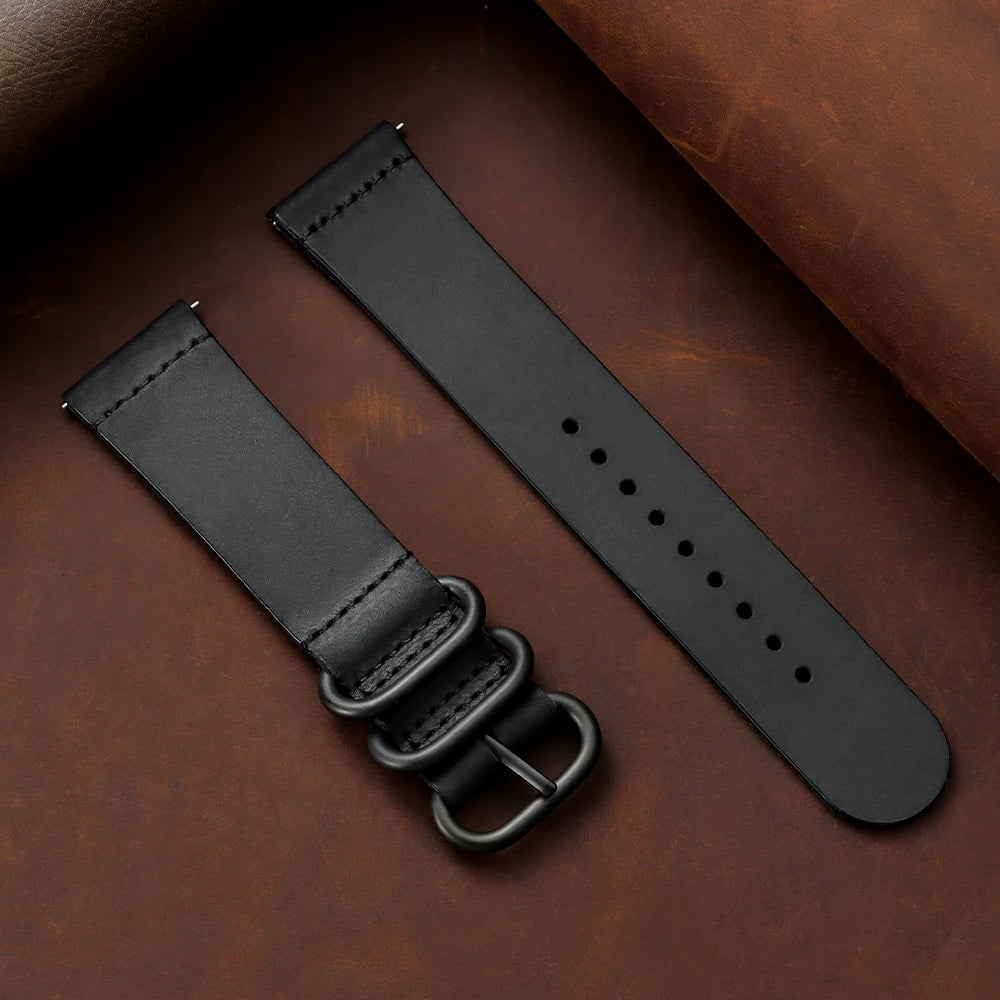 20mm 22mm Crazy Horse Leather Watch Band Black Ring Buckle Strap for Samsung Galaxy Watch 7/6/5/4 for Huawei Watch GT 5-4-3-pro