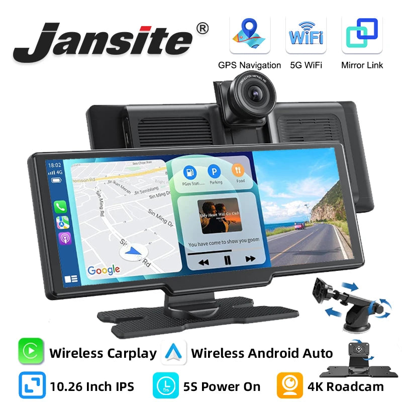 Jansite 10.26" 4K DVR Wireless CarPlay & Android Auto Dash Cam GPS Navigation 24h Park Monitor Night Vision Rear View Mirror