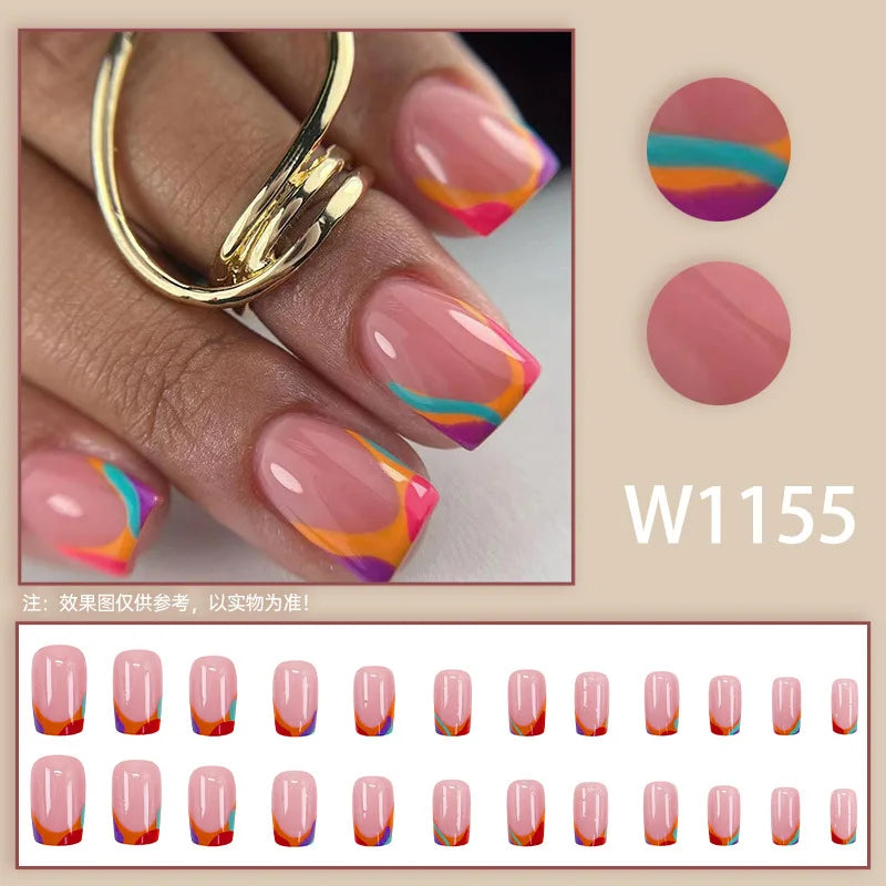 Mandarin Duck 24 Pcs Press on Nails Pink Gradient Fake Nails Glossy Artificial Finger Manicure Reusable False Nails