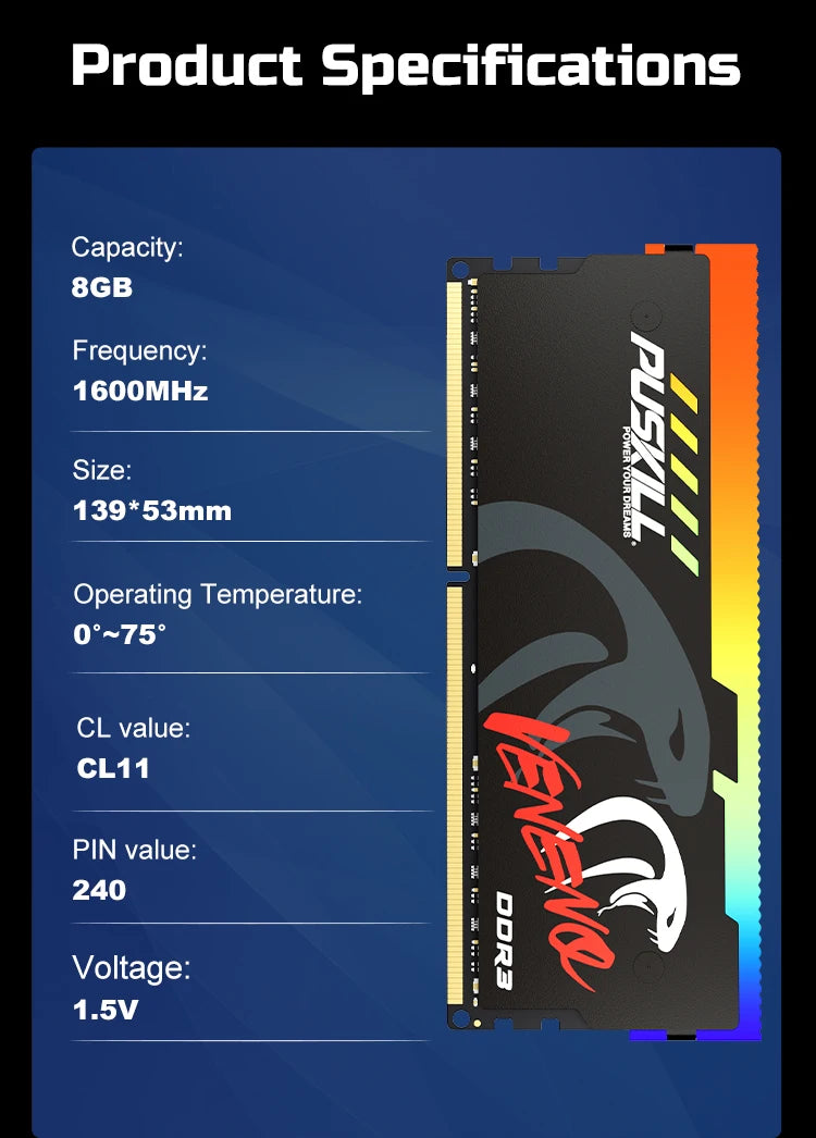 PUSKILL Memoria RAM RGB DDR3 8GBx2 1600MHz 12800S Udimm Dual Channel DIMM Desktop Memory Rams