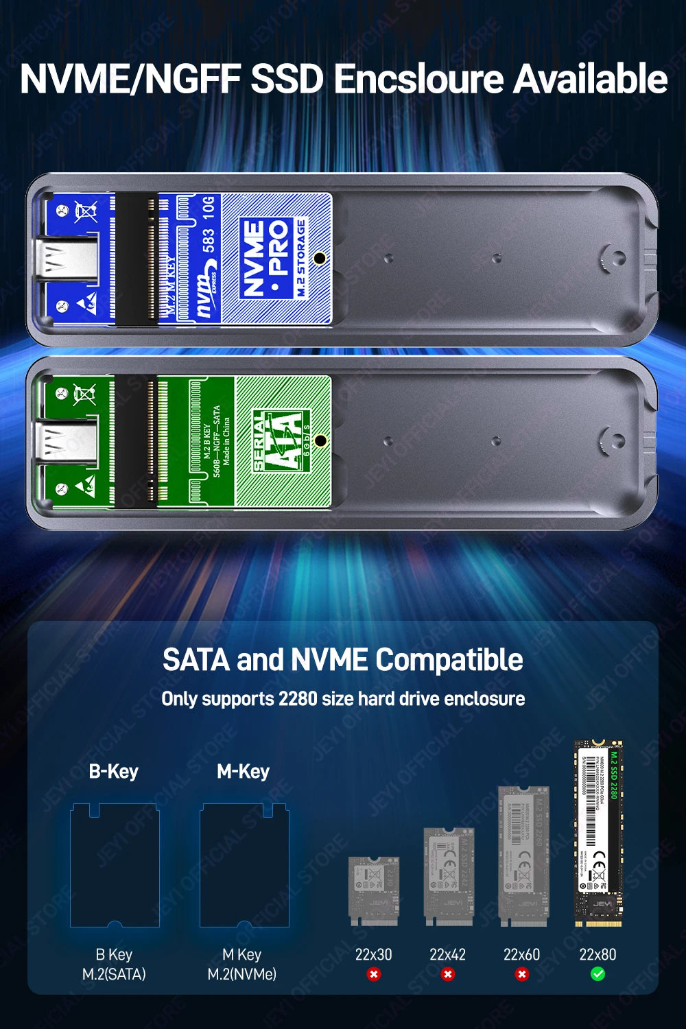 JEYI M.2 NVMe NGFF SSD Enclosure, Full Aluminum USB 3.2 Gen 2 10Gbps PCIe Or SATA 6Gbps M-Key B- Key M.2 Case Support Trim UASP