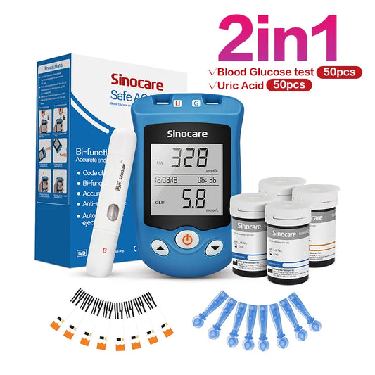 Sinocare Safe AQ UG Uric Acid and Blood Glucose 2in1 Test Meter Kit Blood Sugar Minotor with Strips Lancets for Diabetes Gout