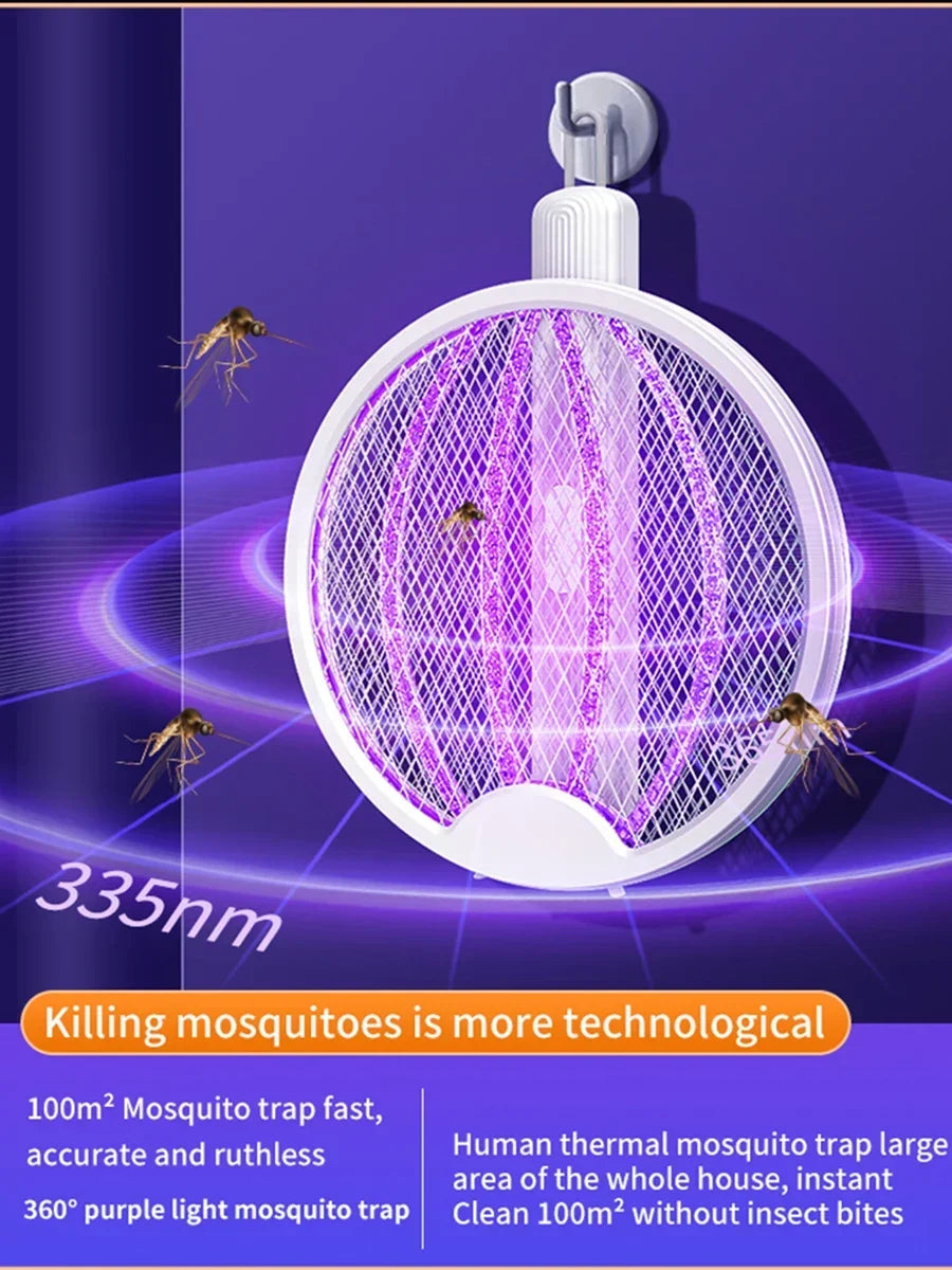 Foldable Electric Mosquito Killer Fly Swatter Trap USB Rechargeable Mosquito Racket Insect Killer with UV Light Bug Zapper 3000