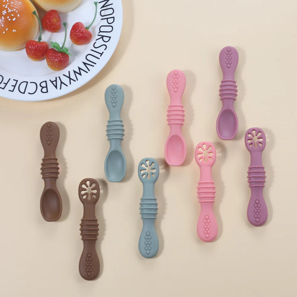 2PCS Cute Baby Learning Spoons Utensils Set Food Grade Silicone Sticky Spoon Children Cutlery Training Spoon Feeding Tableware