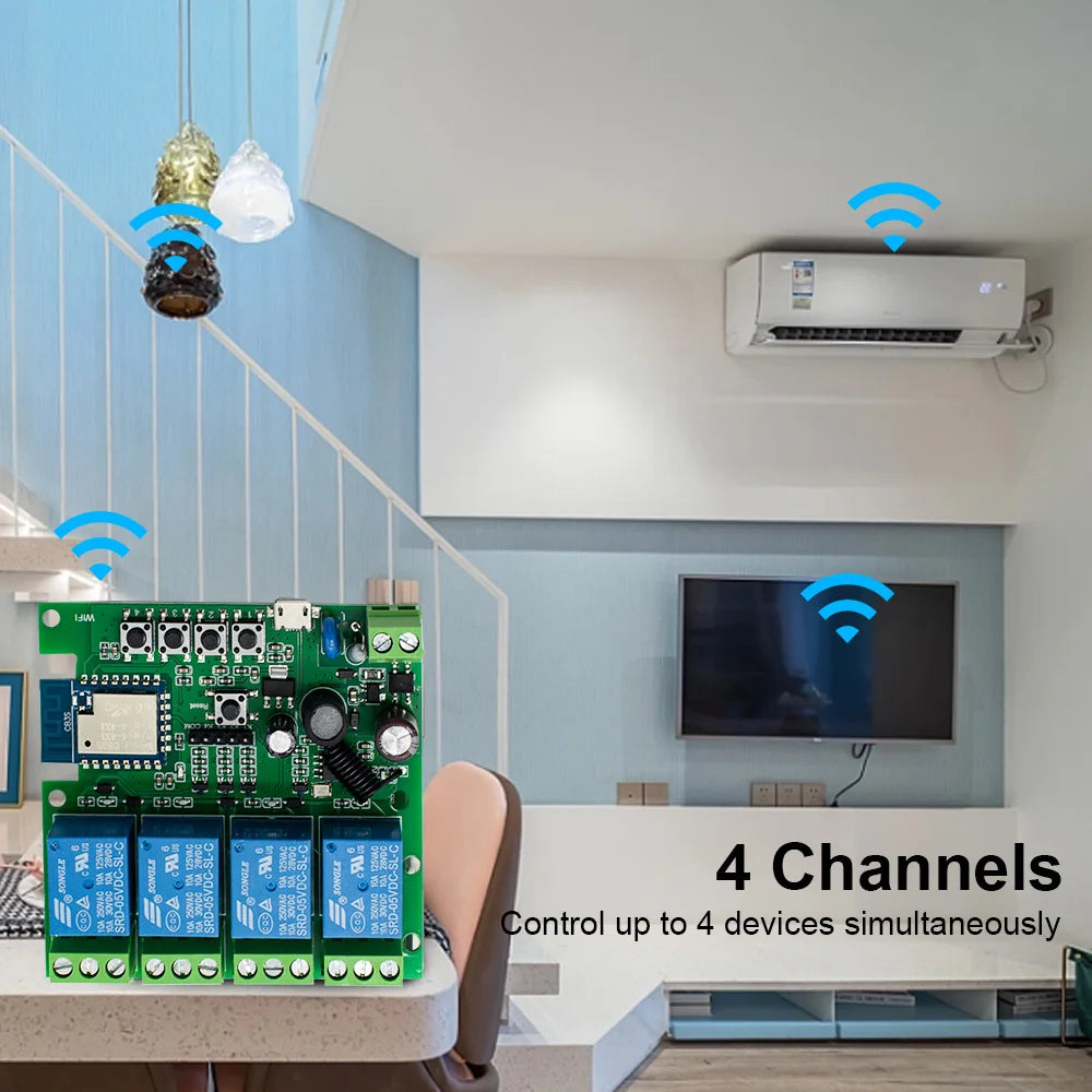 Tuya Smart 4 Channel WiFi RF Momentary Inching Relay Self-Lock Switch Module,DIY WiFi Garage Door Controller, Alexa Google Home