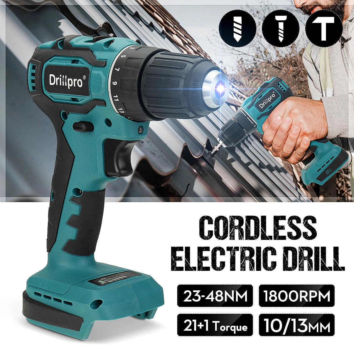 Drillpro 10/13mm Rechargeable Electric Screwdriver Cordless Drill Brushless Handheld Power Tool For Makita 18V Battery