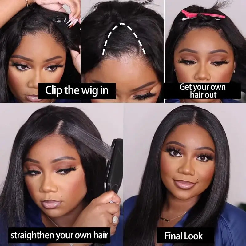 V Part Wig Kinky Straight Human Hair Wigs For Women Brazilian Hair Glueless 10-28 Inches Yaki Straight Upgrade Wig Natural Color