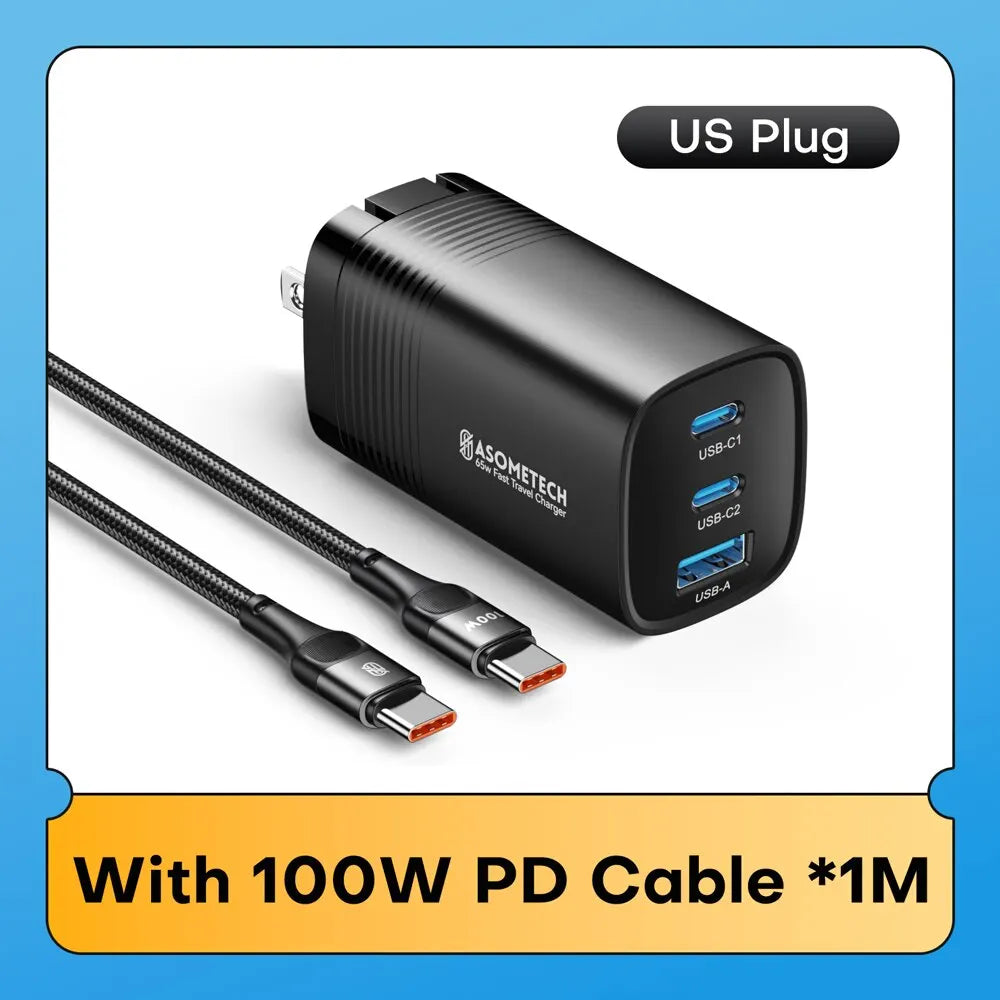 ASOMETECH GaN USB Type C Charger 65W 45W PPS PD QC4.0 Quick Charger For Macbook Laptop IPAD Tablet iPhone 16 Samsung S23 Ultra