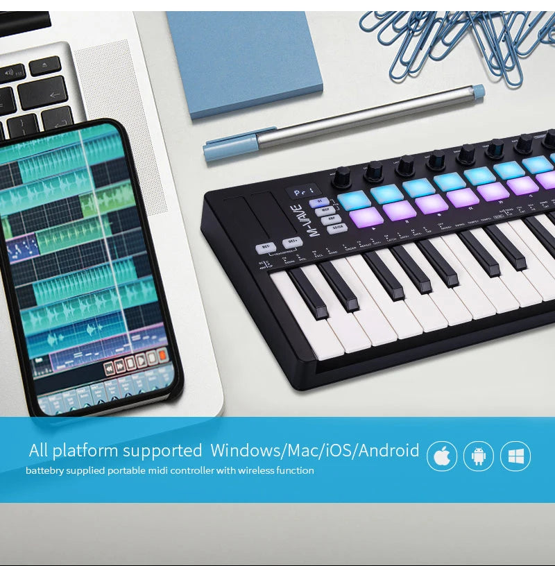 M-VAVE SMK-Ⅱ 25 Key MIDI Keyboard Controller With 16 RGB Drum Pads, Bluetooth Semi Weighted Professional dynamic keybed