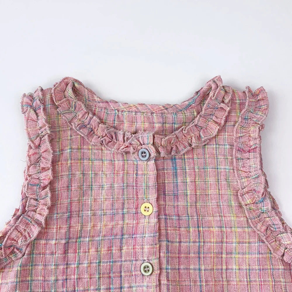 Pink Girl's Summer Two-piece Set with Single Breasted Sleeveless Top and Casual Pants, New Children's Sets Kids Clothes