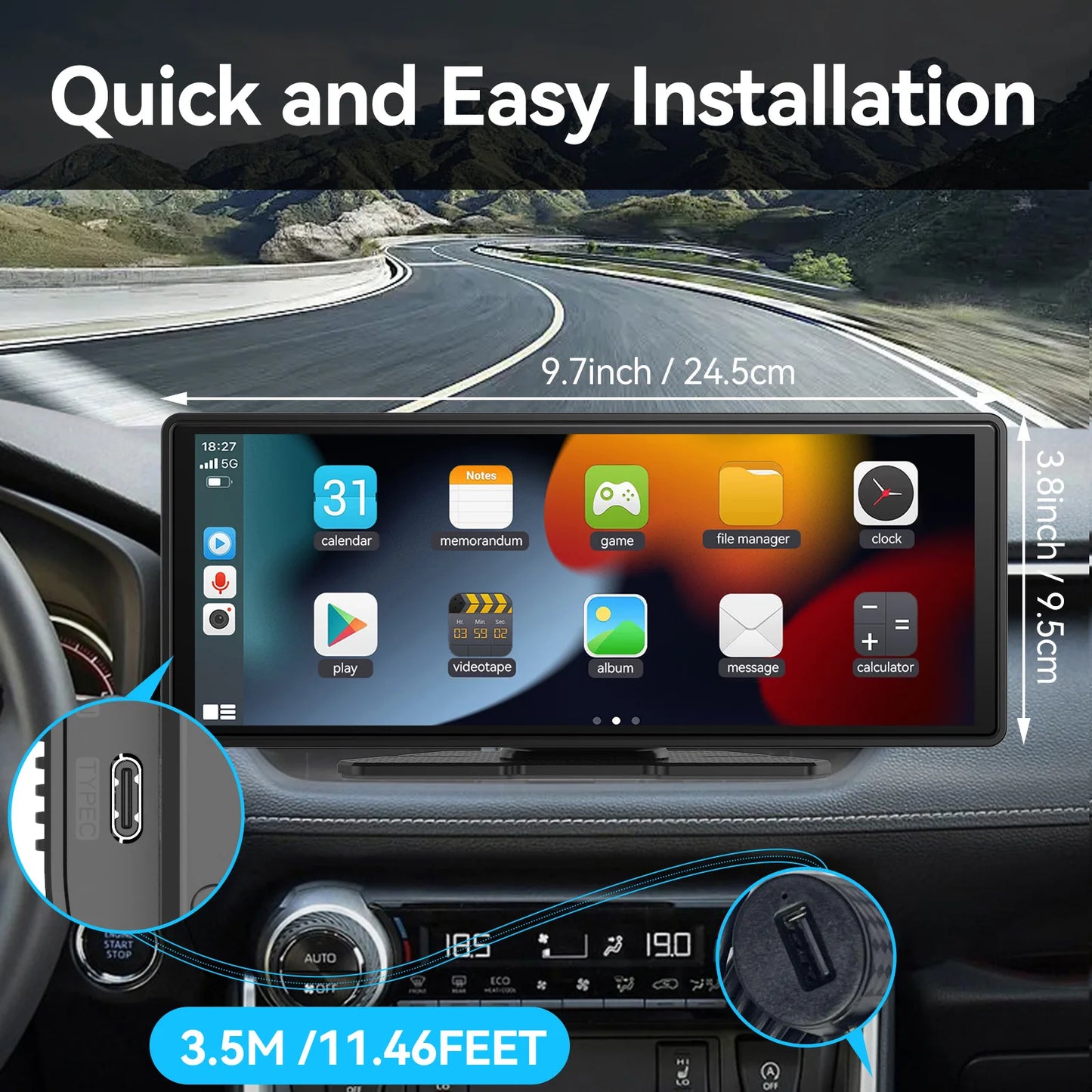 Universal Portable Wireless Carplay Car Stereo, 10.26" inch HD Touchscreen for Car with CarPlay & Android Auto with Mirror Link