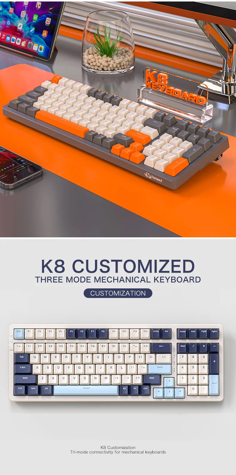 K8 100 Key Wireless Mechanical Keyboard Tri-mode Connection,Full Key Hot Swap,lighting Effects,Gasket Muffler Structure, Laptops