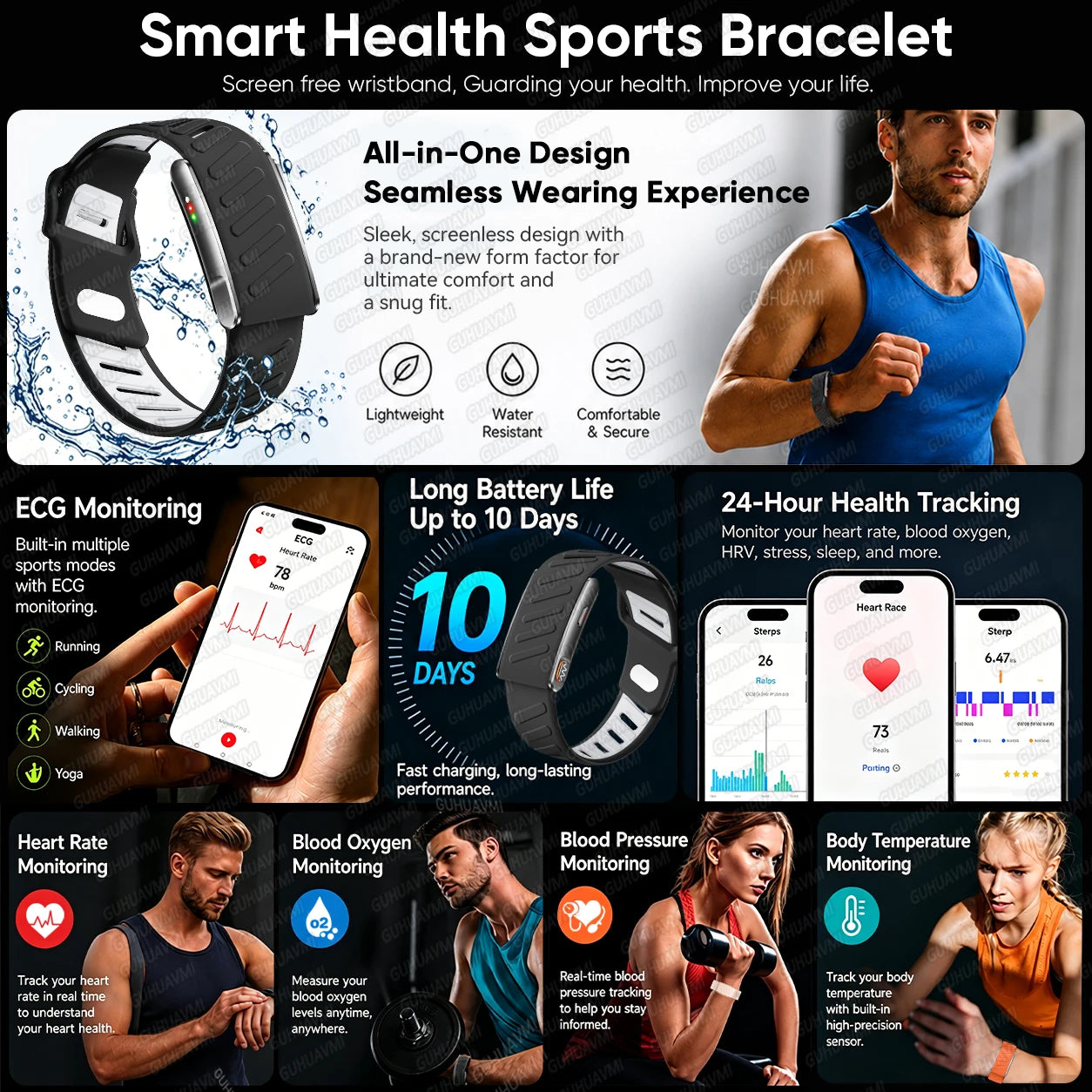 GUHUAVMI ECG+HRV Health Smart Bracelets Heart Rate Blood Pressure Body Fat BMI Body Temperature 3ATM Fitness Tracker Smart Watch