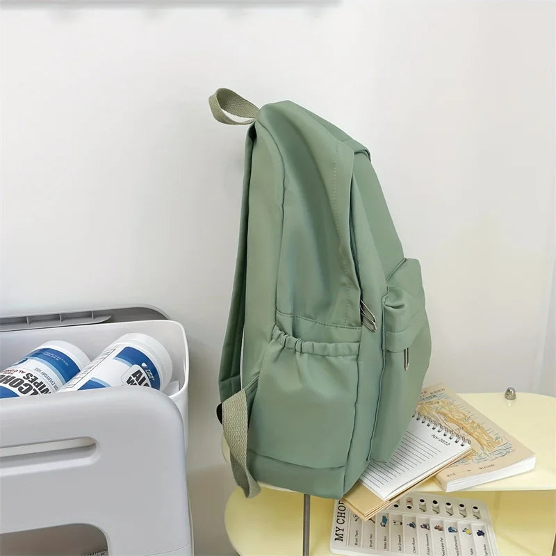 Simple Solid Color Backpack Women 2024 Waterproof Nylon School Bags For Teenager Girls Bookbag Lady Travel Backbag Shoulder Bag