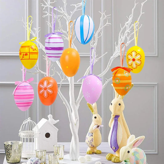 12Pcs Easter Egg Tree Pedant Foam Eggs Hanging Ornaments Easter Home Decoration 2024 Holiday Party Supplies Kids Gifts