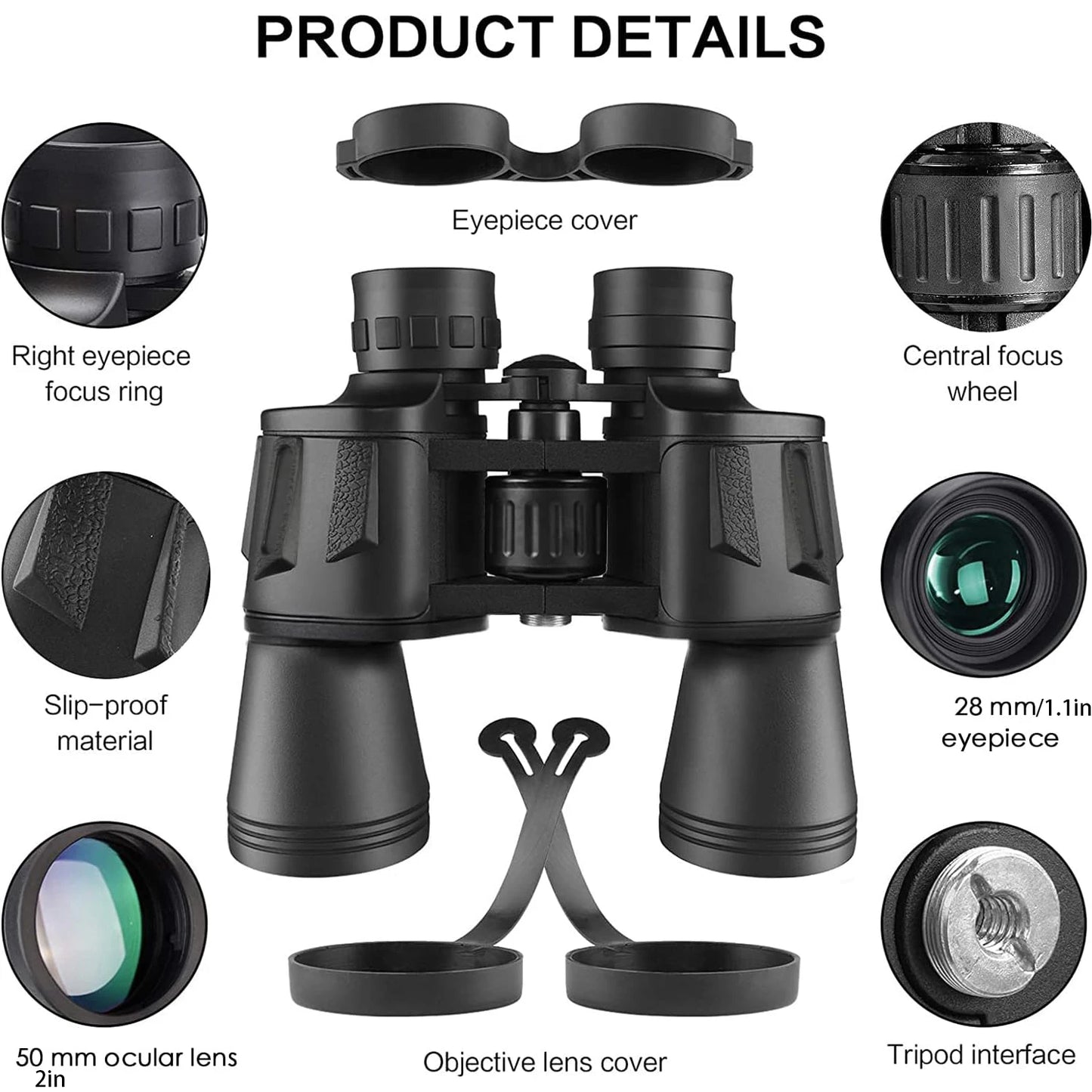 Long Range 10x50 Binoculars FMC Coated BAK4 Prism IPX4 Waterproof Telescope Lightweight Portable Gear for Camping Hiking Hunting