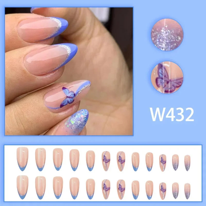 Black Ink Style Fake Nail with Jelly sticker Press on False Nails Wearable Round Head Oval Full Cover Nail Tips