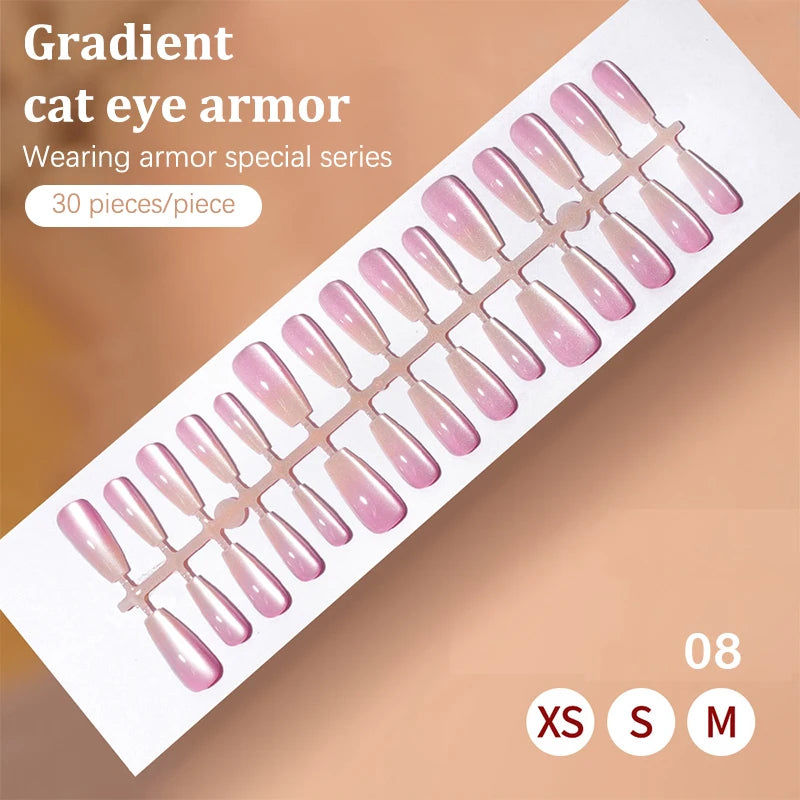 30Pcs Fake Nails French Style Gradient Cat Eyes Press On Full Cover Artificial Three Sizes Available False Nails Nail Enthusias