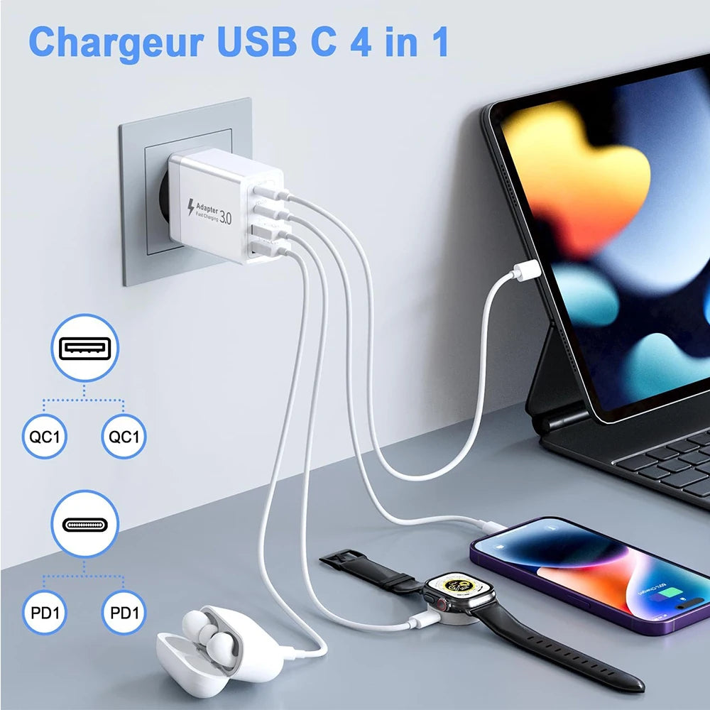 40W USB C Charger Fast Charging Head EU US Plug 4 Ports Quick Charge Phone Adapter For iPhone 15 14 Xiaomi Samgsung Wall Charger