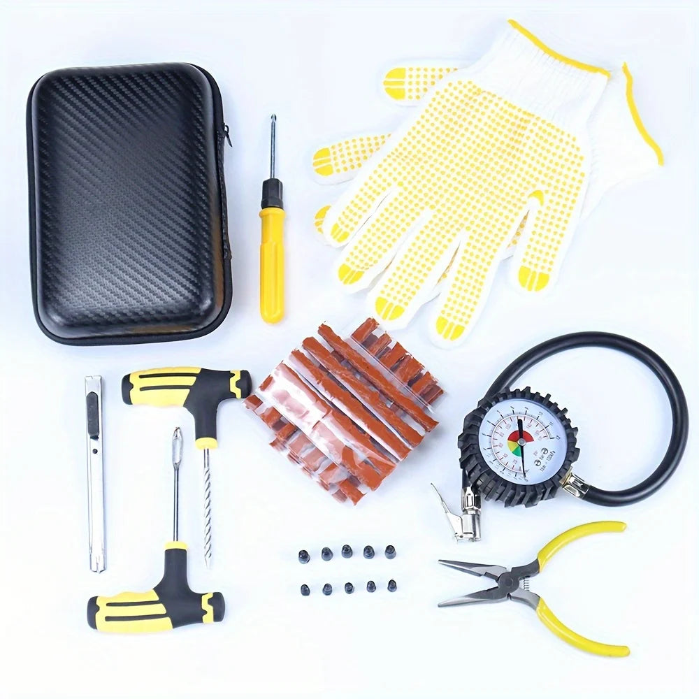 All-in-One Tire Repair Kit: Car Motorcycle Bike Truck Emergency Puncture Plug Tool with Rubber Strips - Roadside & Garage Use