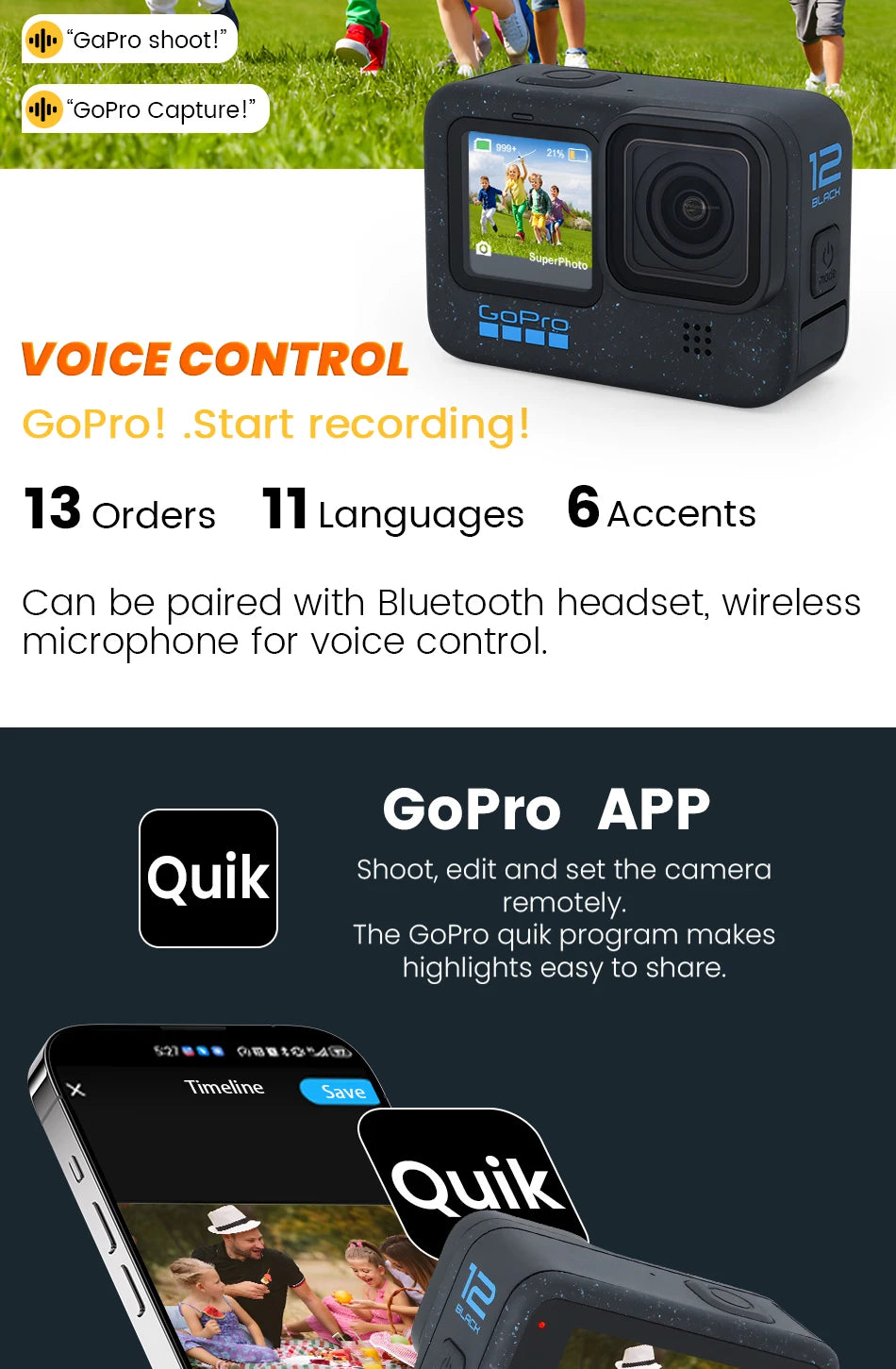 GoPro HERO 12 Black Action Camera HyperSmooth6.0 5.3K60fps Video 27MP Go Pro12 helmet Sport Camera