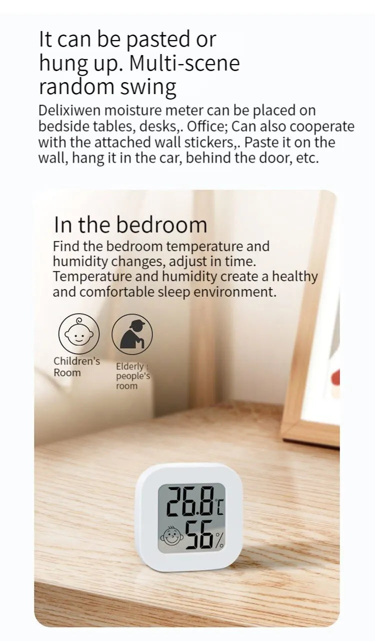 Humidity sensor, indoor thermometer, hygrometer, temperature and humidity monitor, with LCD display screen, displaying Celsius t