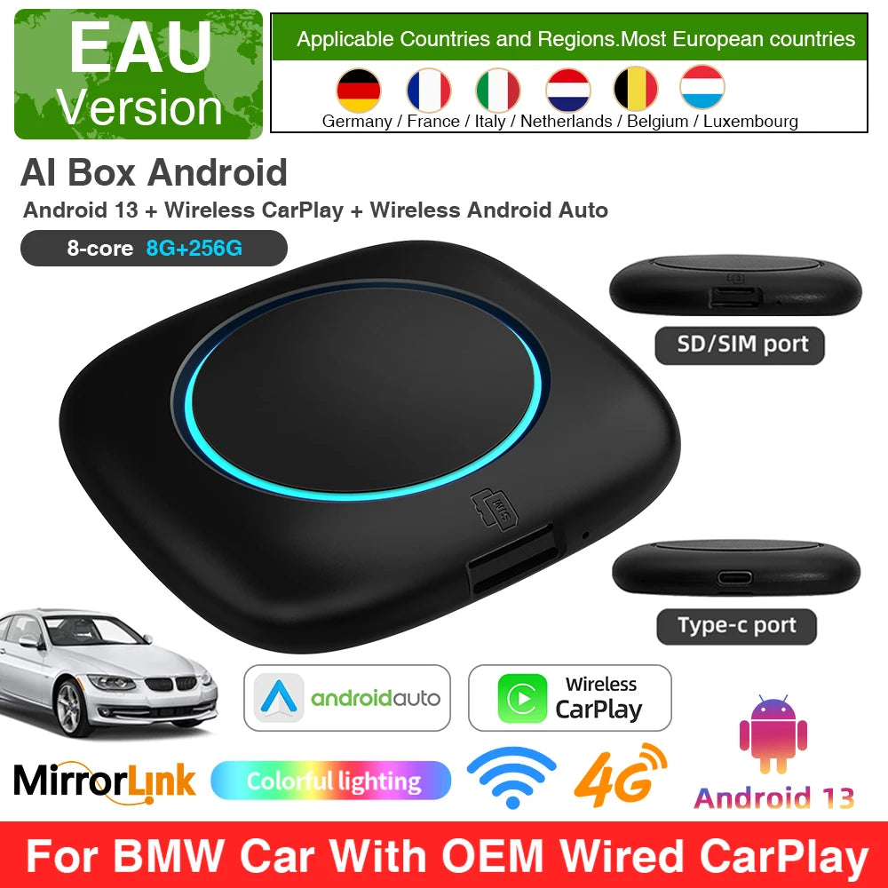 Wireless CarPlay for BMW ID6 ID7 ID8 ID9 OEM Wired to Wireless Android Auto AI Box Intelligent System Android 13 4+64GB 8+256GB