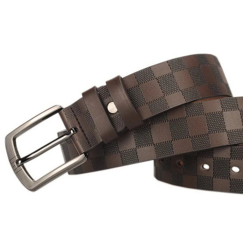 Genuine leather men's cowhide pin buckle belt checkerboard pattern belt fashion new belt holiday gift