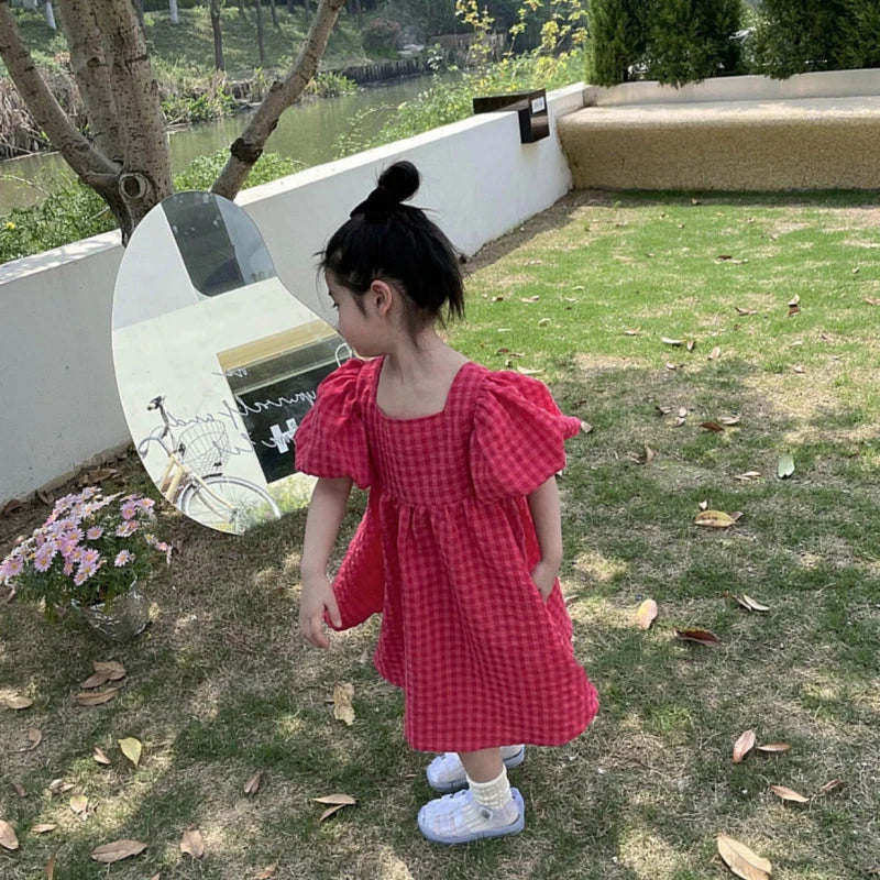 Girls Bubble Sleeve Dress Little Girl Summer Fashionable Bow Backless Dress Good-Looking Versatile Princess Skirt