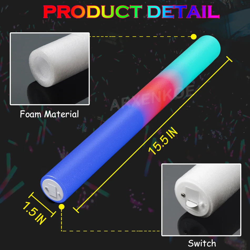 12 Pcs LED Foam Glow Sticks Bulk Colorful RGB Light Up Sticks Glow in The Dark Party Supplies for Wedding Birthday Rave