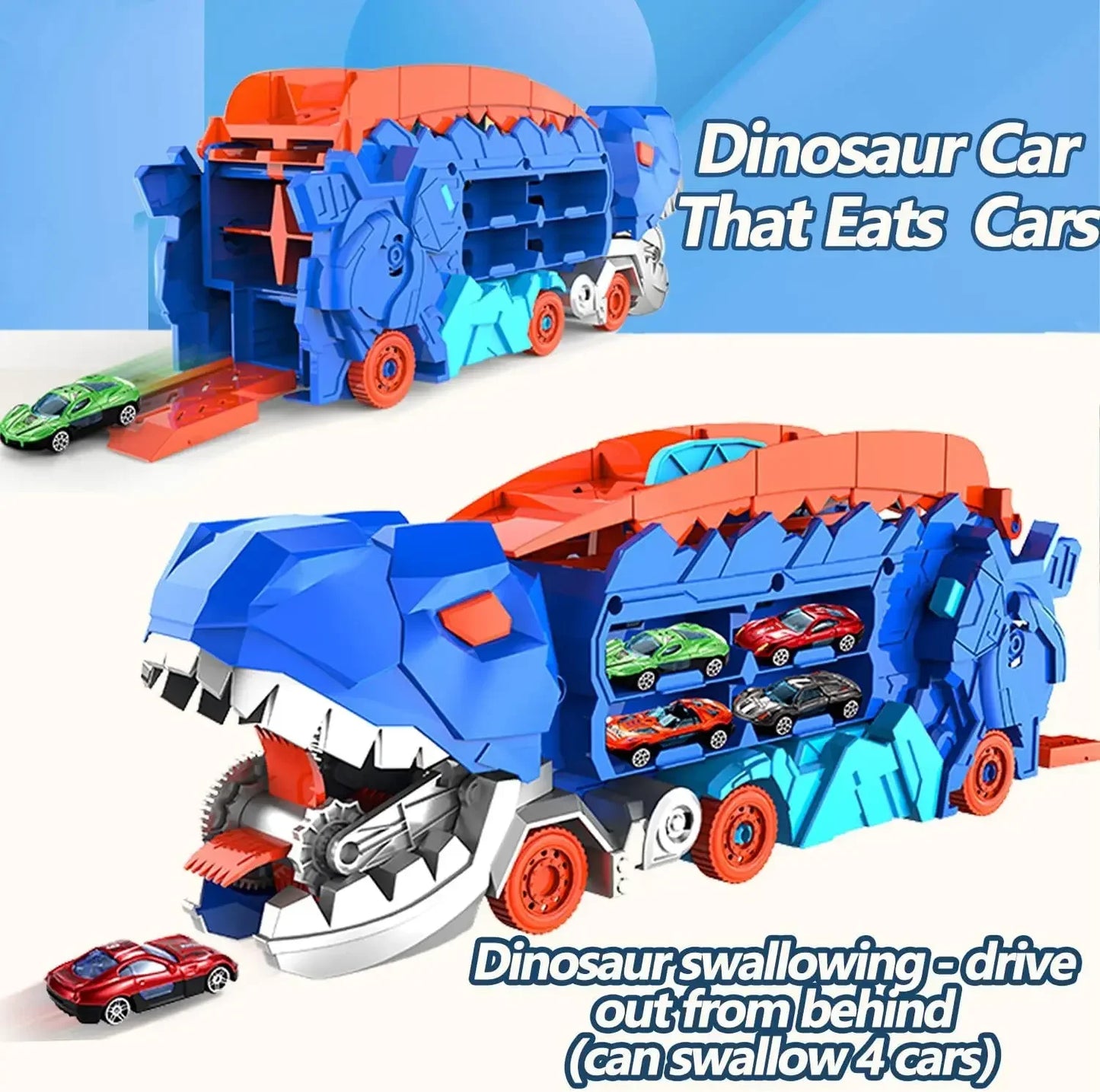 Transport Dinosaur Truck with Foldable Sliding Race Track Transforms into Standing T-rex Best DIY Birthday Gifts Toys Boys Girls