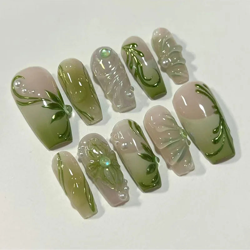 24Pcs Peach Blossom Press on Nails Cat's Eye Nude Glitter False Nail for Women&Girl Spring and Summer Detachable Wearable Nail