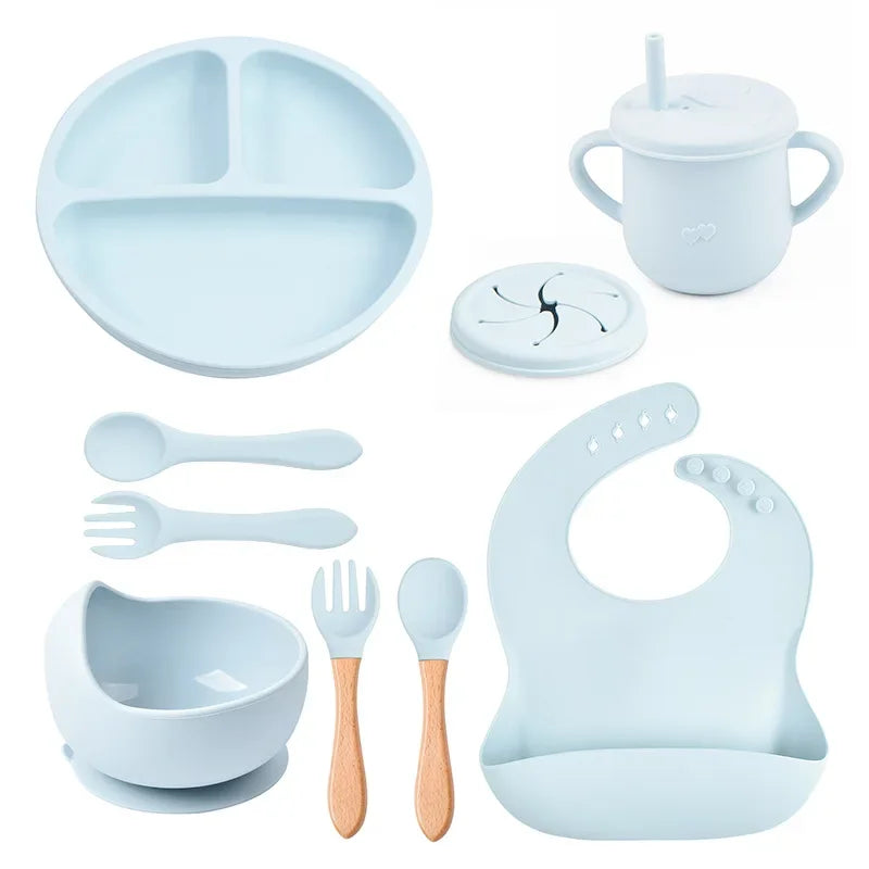 Mother Kids Baby Silicone Feeding Set Sucker Plate Antislip Bowl Spoon Cup Children Tableware Safe Non Toxic Dishwasher Safe