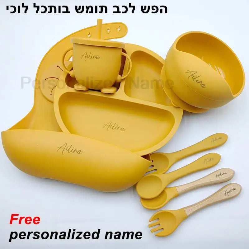 Baby Feeding Plate Sets Suction Bowl Silicone Plate For Kids 6Pcs Children Tableware Personalized Name Dinner Dishes Cups Spoon