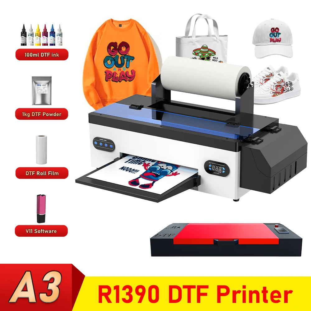 A3 DTF Printer R1390 Impresora dtf a3 T shirt Printing Machine with Roll Feeder DTF Transfer Printer For Fabric Hoodies Print