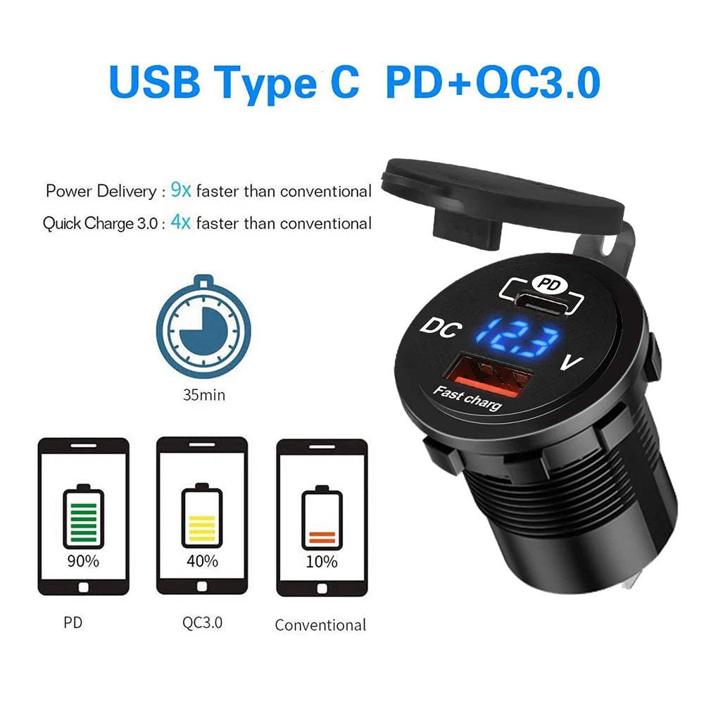 60W PD QC3.0 Car Charger Socket with Voltage Meter Quick Charge 3.0 Socket Power Outlet for 12V/24V Motorcycle Truck Boat