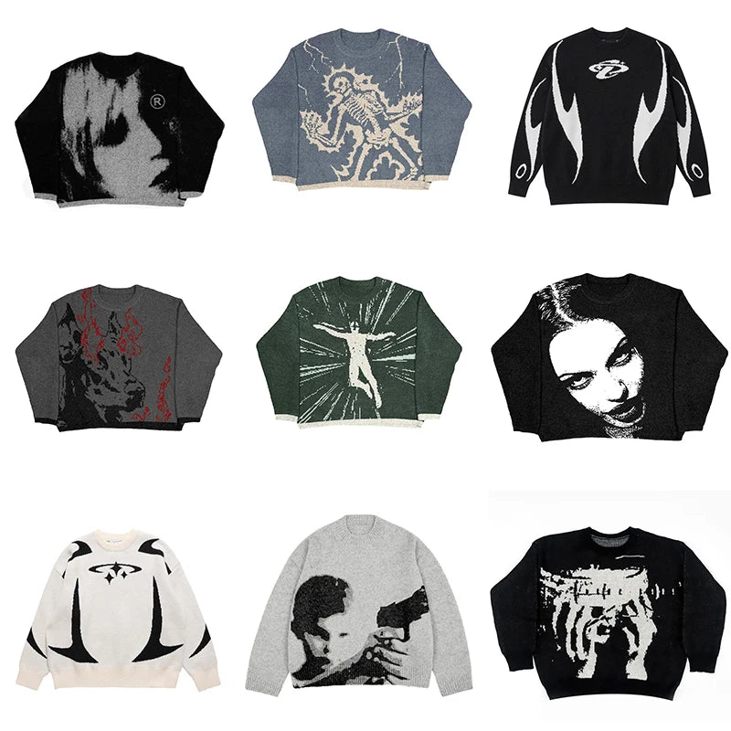 Women's Sweater pullover sweatshirt long sleeve winter vintage print pattern clothes hip hop oversize Anime Knit Sweater EMO