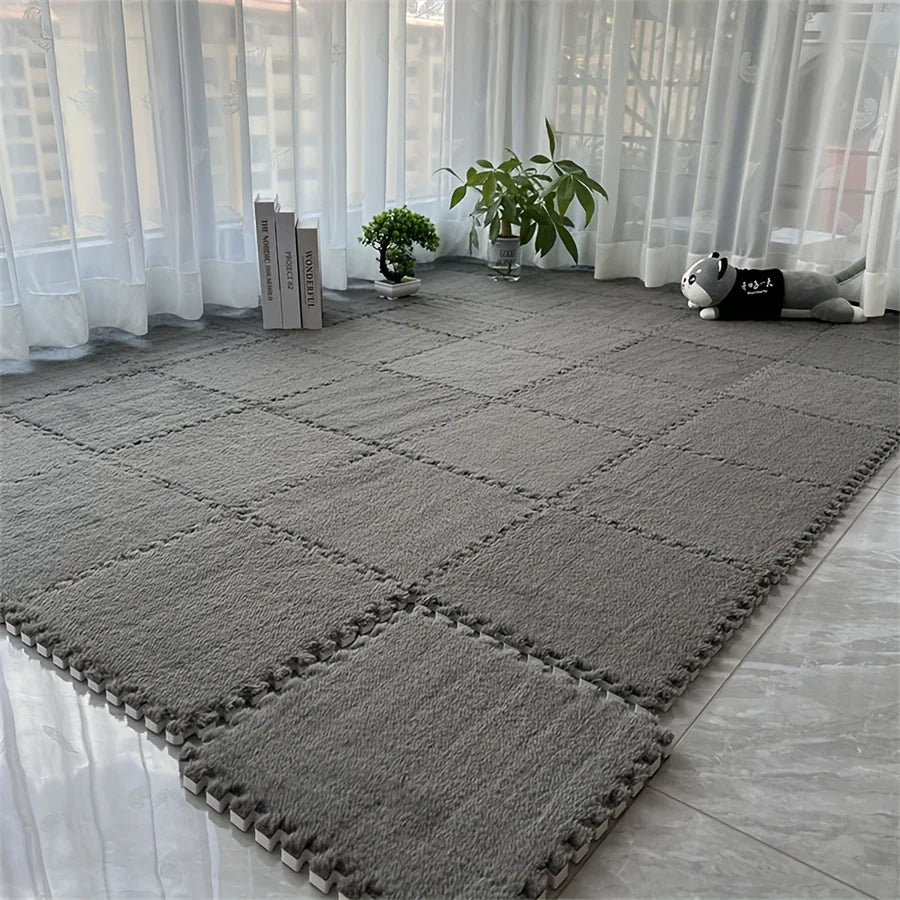 12Pcs Interlocking Carpet Tiles 11.8"x11.8", Washable Non-Slip EVA Polyester Floor Mat, Cuttable DIY Bedside Rug