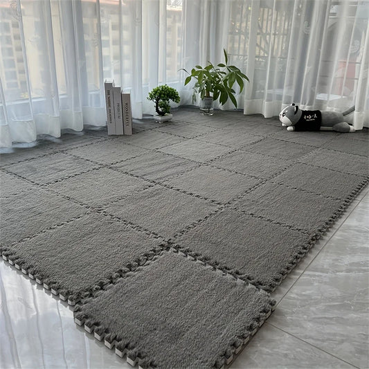 12Pcs Interlocking Carpet Tiles 11.8"x11.8", Washable Non-Slip EVA Polyester Floor Mat, Cuttable DIY Bedside Rug