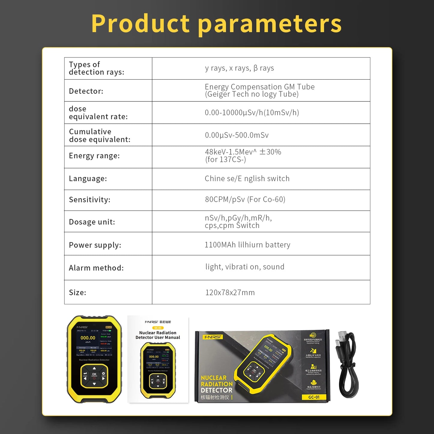 FNIRSI GC-01 Geiger Counter Nuclear Radiation  Personal Dosimeter Detectors X-ray Beta Gamma Detector Radioactive Tester