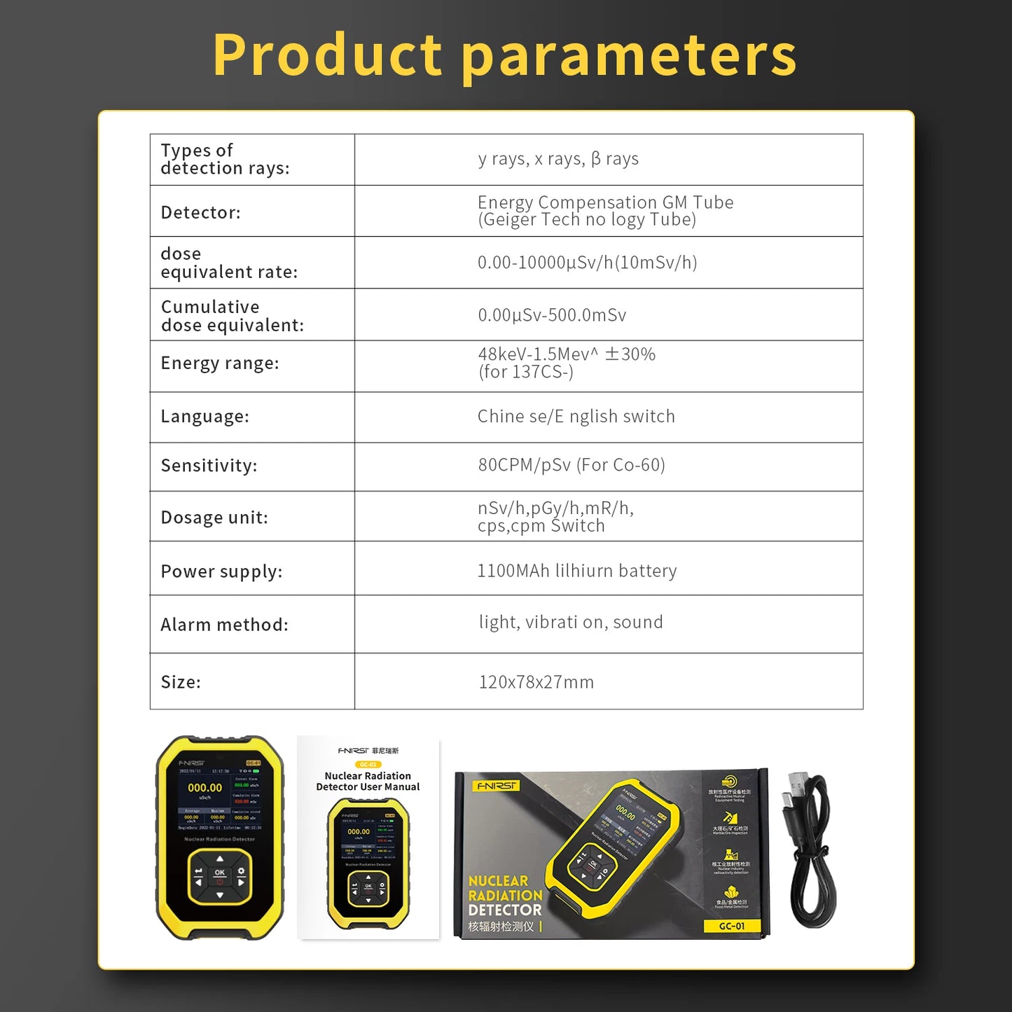 FNIRSI GC-01 Geiger Counter Nuclear Radiation Detector Personal Dosimeter X-ray γ-ray β-ray Radioactivity Tester Marble Detector