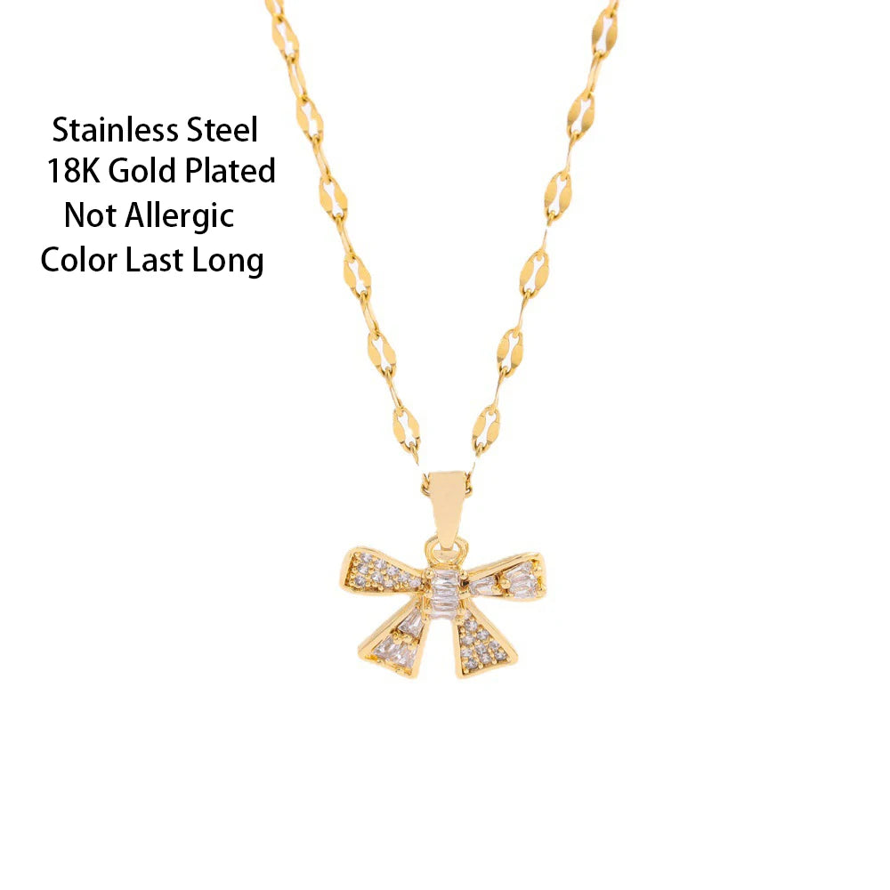 New Fashion Sweet Zircon Crystal Bowknot Pendant Necklaces For Women Temperament Gold Color Stainless Steel Neck Chain Jewelry