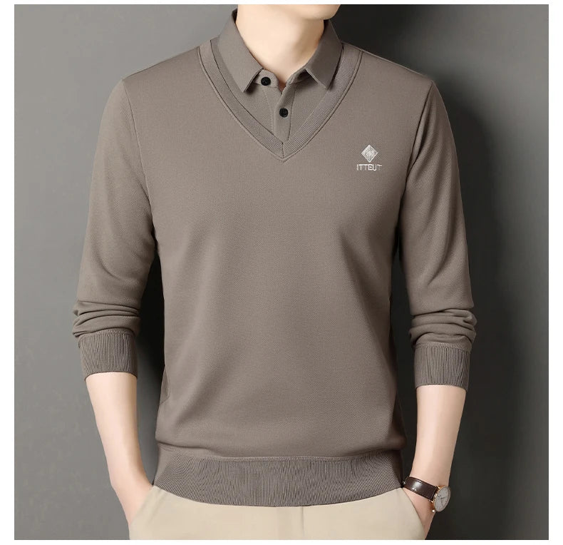 Men's Winter Sweater Velvet Pullover Solid Color Slim Fit Elegant Luxury Brand Knitwear Fake Two Pieces Knitted Sweaters