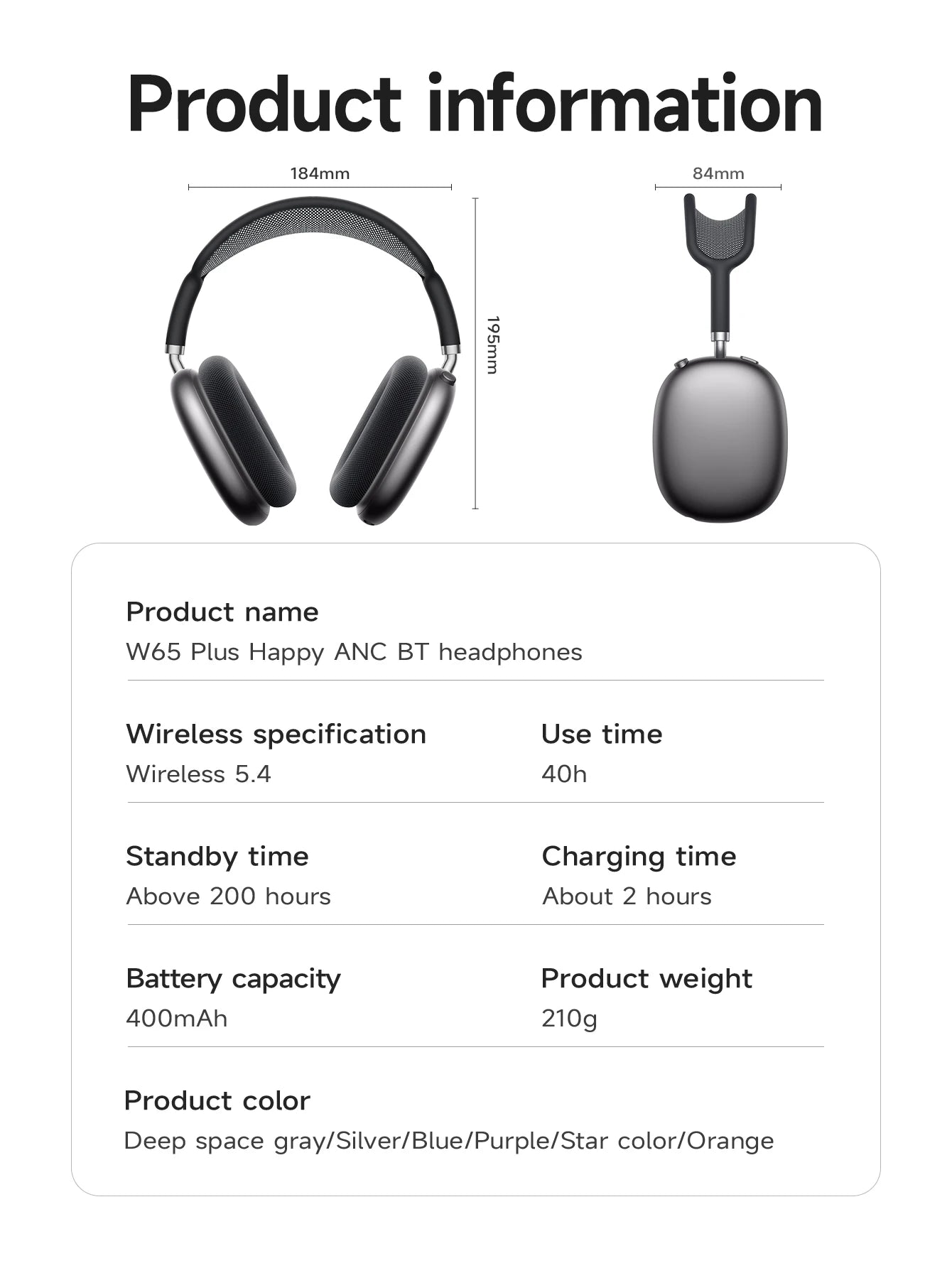HOCO W65 Plus ANC Noise Reduction Bluetooth Headphones Over The Ear Wireless Big Earphone Hifi Sounds Sport Headsets With Button