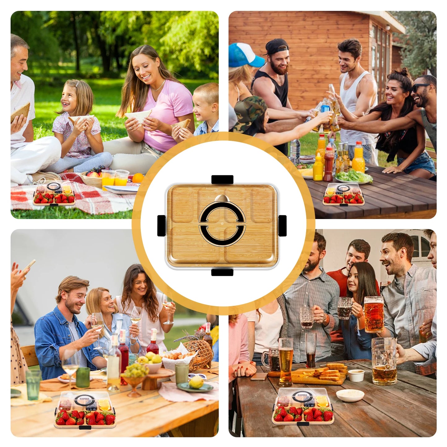 Bamboo Cheese Platter with Transparent Lid Biscuit Snacks Fruit Serving Tray Divided Charcuterie Board for Party Camping Picnic